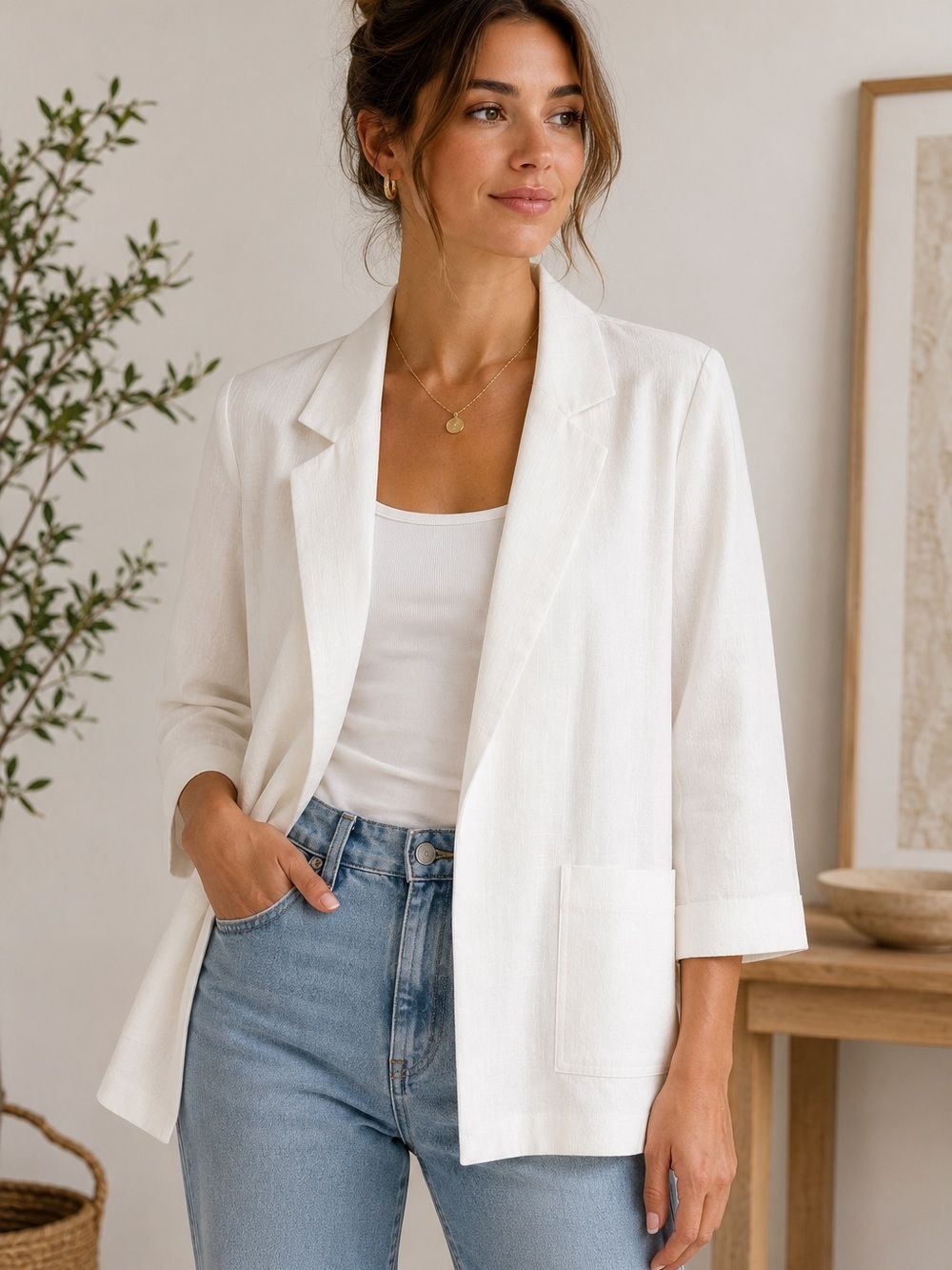 Vintage Joanna USA White Linen Look Open Front Blazer Jacket Lightweight Career